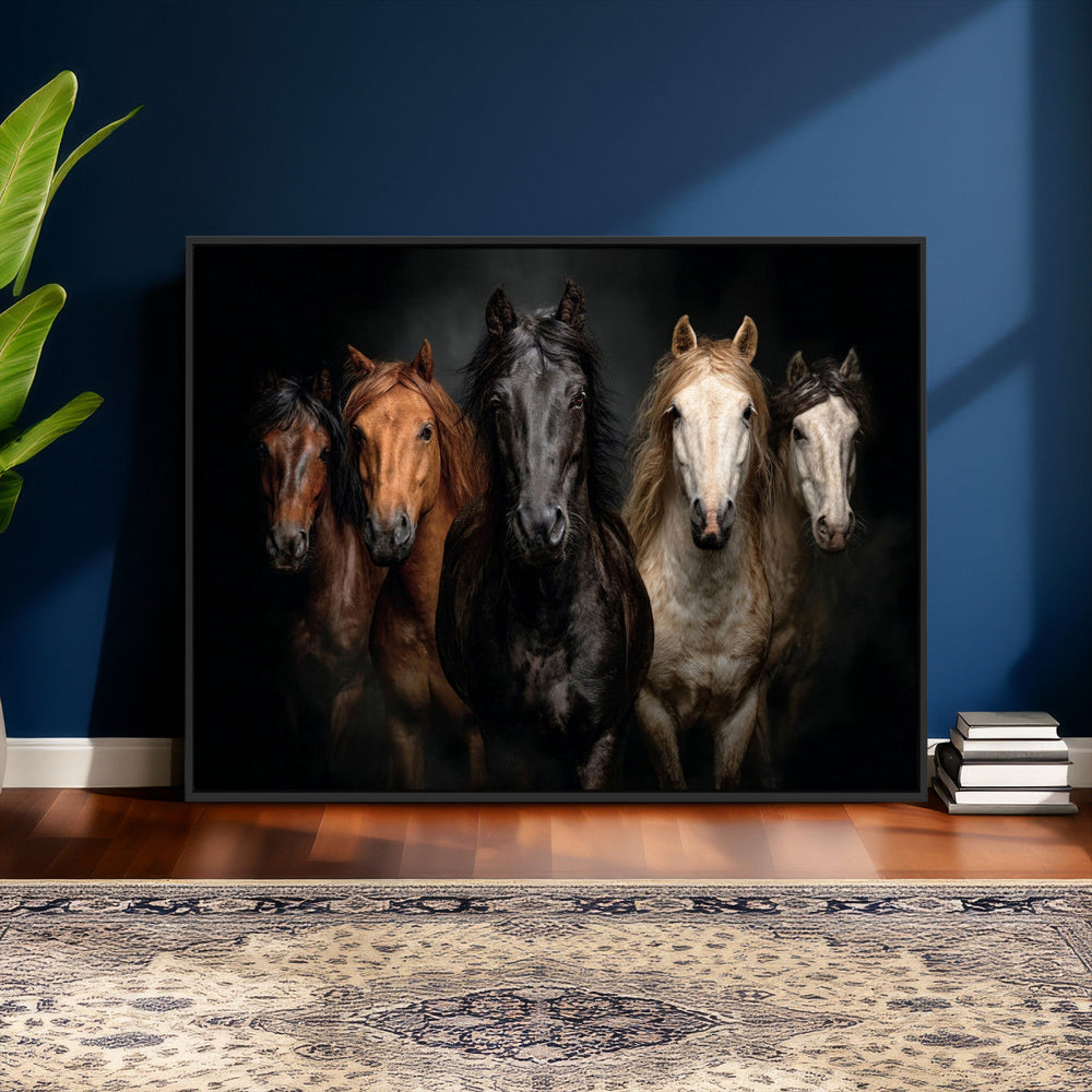 Horse Wall Art Canvas Print, Wild Horses Portrait Photography, Dramatic Equestrian Decor, Black Brown White Horse Herd, Rustic Ranch Art