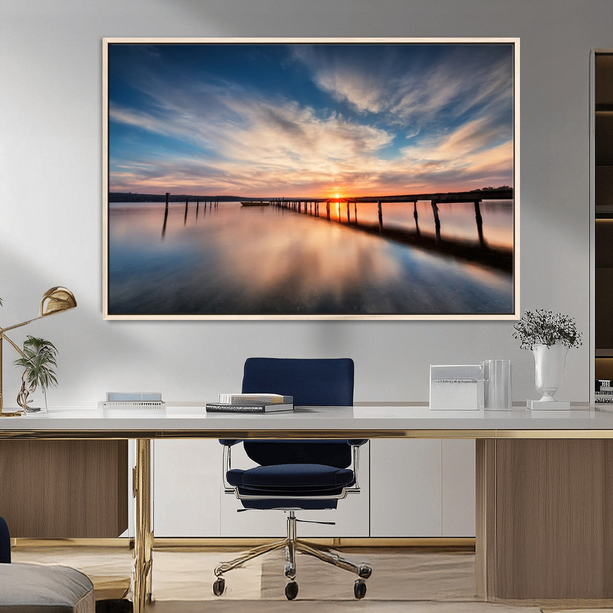 Wooden Pier on Seascape and Sunset Wall Art Canvas Print