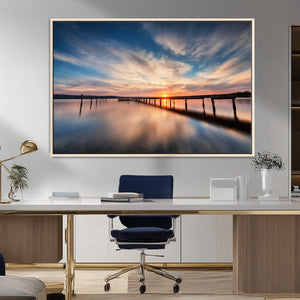 Wooden Pier on Seascape and Sunset Wall Art Canvas Print
