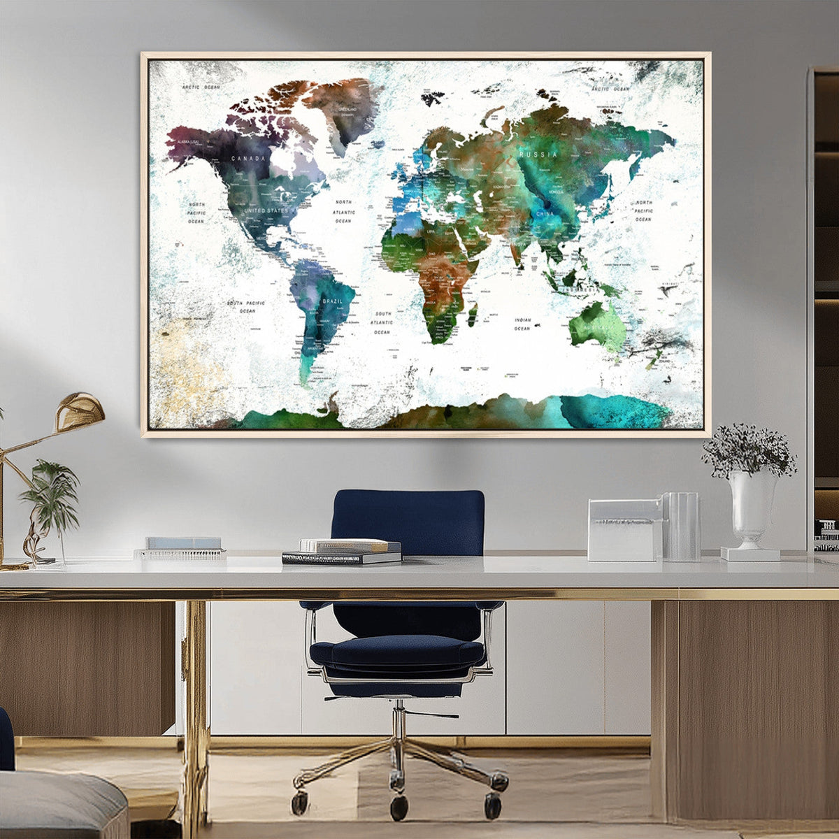 Modern Watercolor World Map Canvas Wall Art – Framed