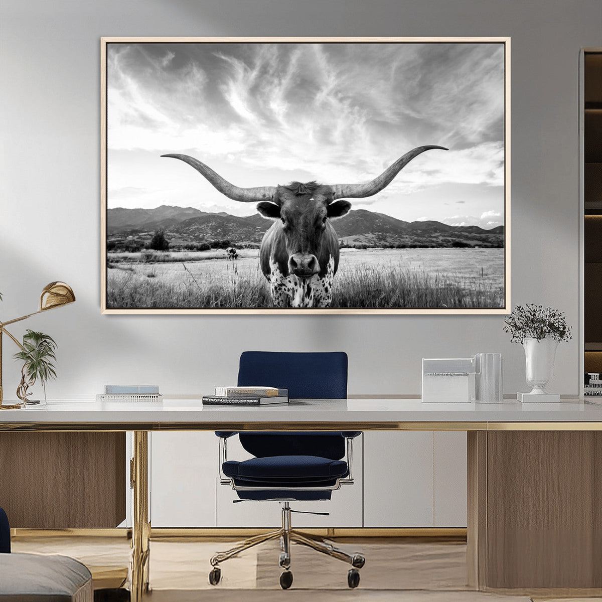Longhorn Black and White Wall Art – Rustic Western Bull