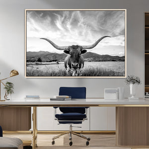 Longhorn Black and White Wall Art – Rustic Western Bull
