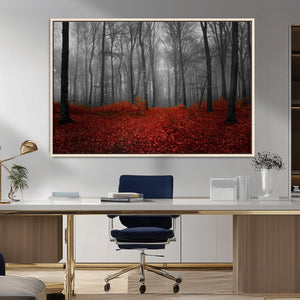 Red Forest Floor Canvas Wall Art – Mystical Foggy Woodland