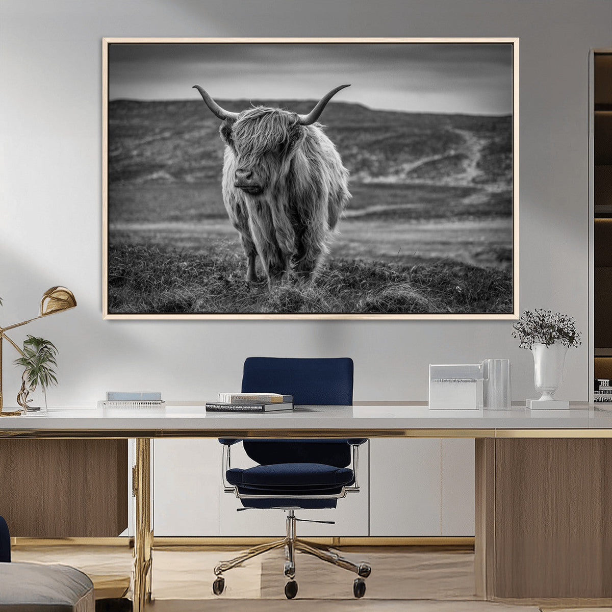 Fluffy Cattle Wall Art Print, Highland Cow Canvas, Framed