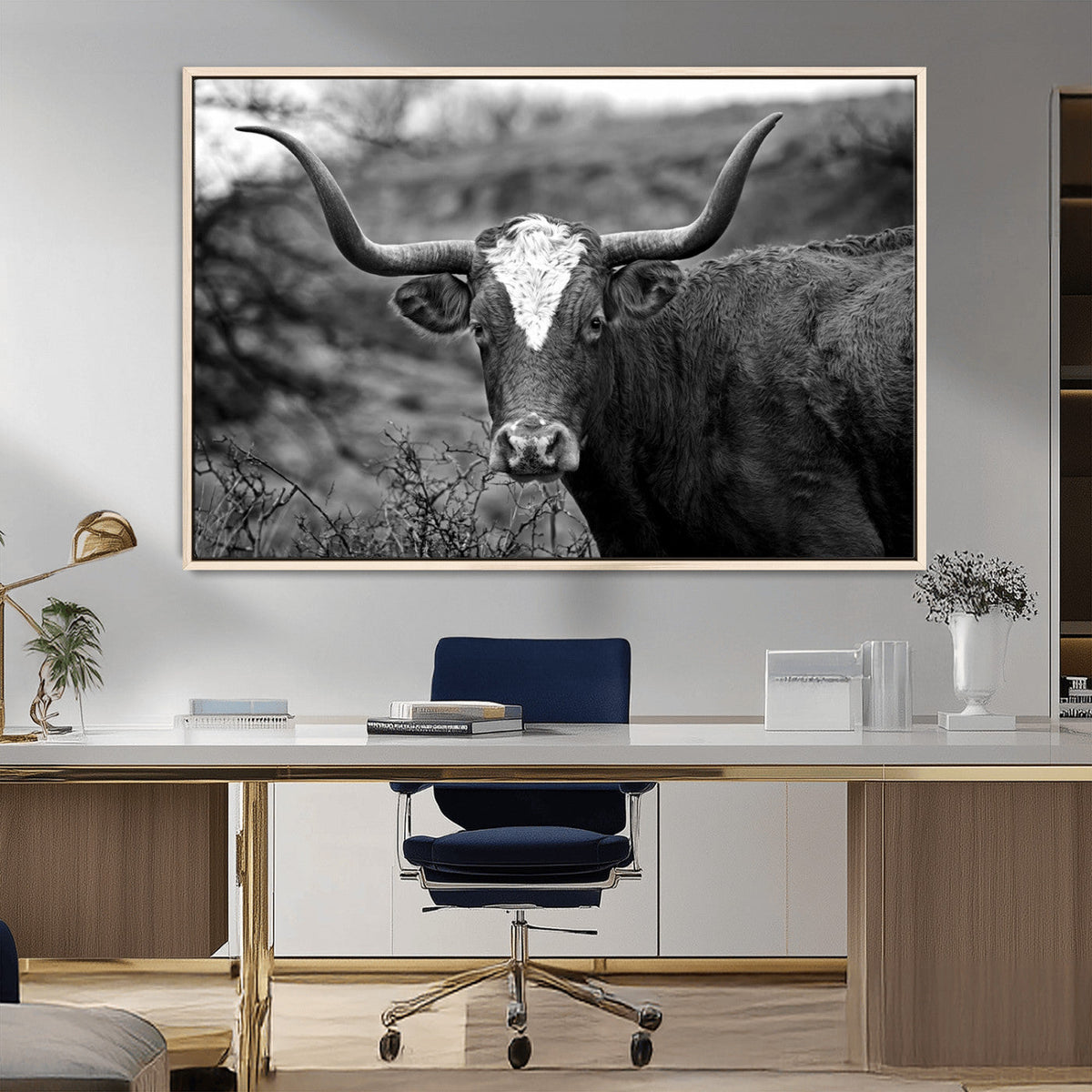 Western Home Wall Art Canvas Print, Framed Texas Longhorn