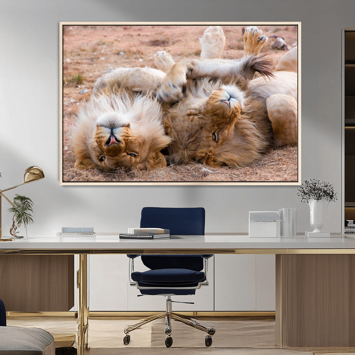 Lion Pair Wall Art Canvas Print – Framed Wildlife Scene with