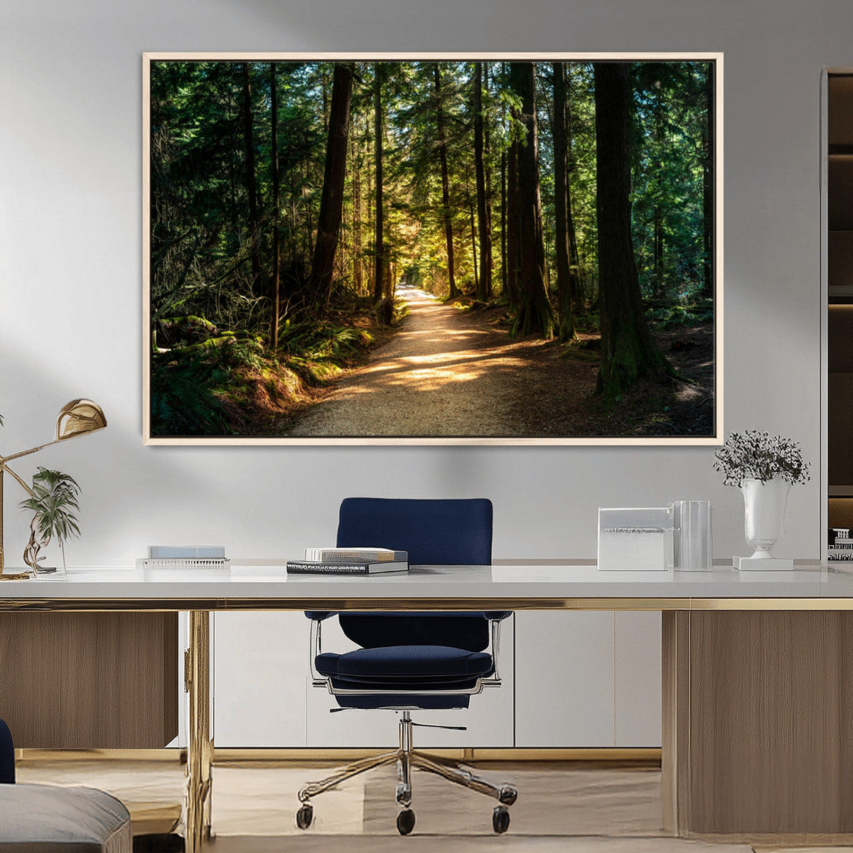 Sunlit Forest Pathway Canvas Print | 3 Panel Large Nature