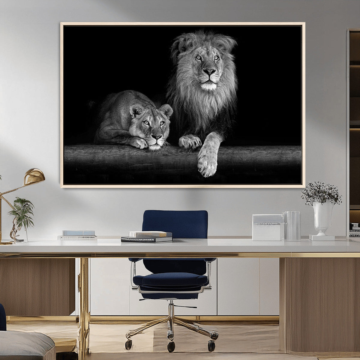 Large Black and White Lion Couple Wall Art Canvas Print –