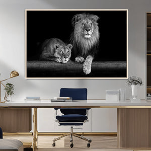 Large Black and White Lion Couple Wall Art Canvas Print –