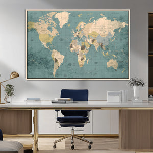Classic World Map Canvas Print – Framed Vintage Map Wall