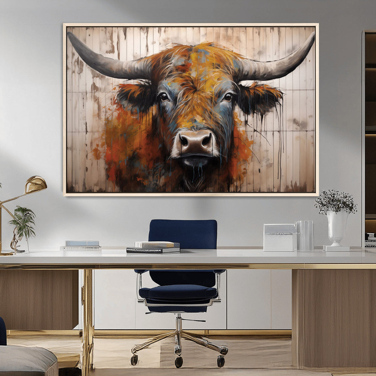 Scottish Highland Cow Cattle Art Print on Wood Style