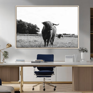Black and White Highland Cow Wall Art Canvas Print | Rustic