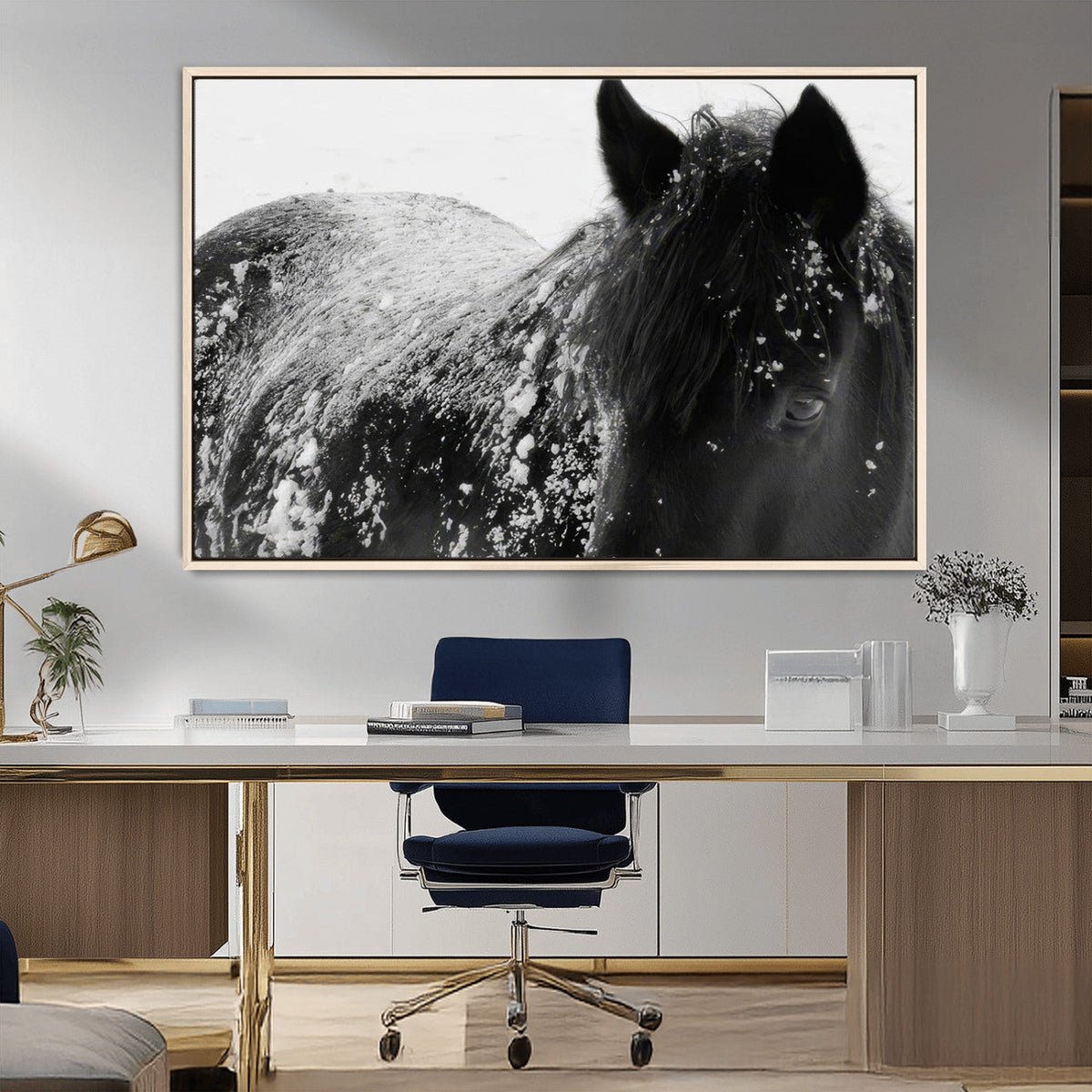 Black Horse in Snow Canvas Print | Winter Horse Wall Art |