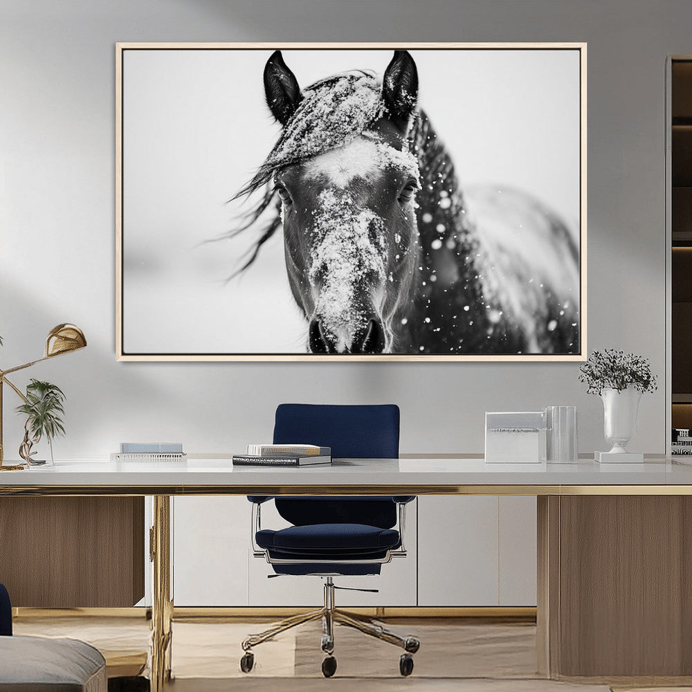 Western Wall Art | Black and White Winter Horse Wall Art |