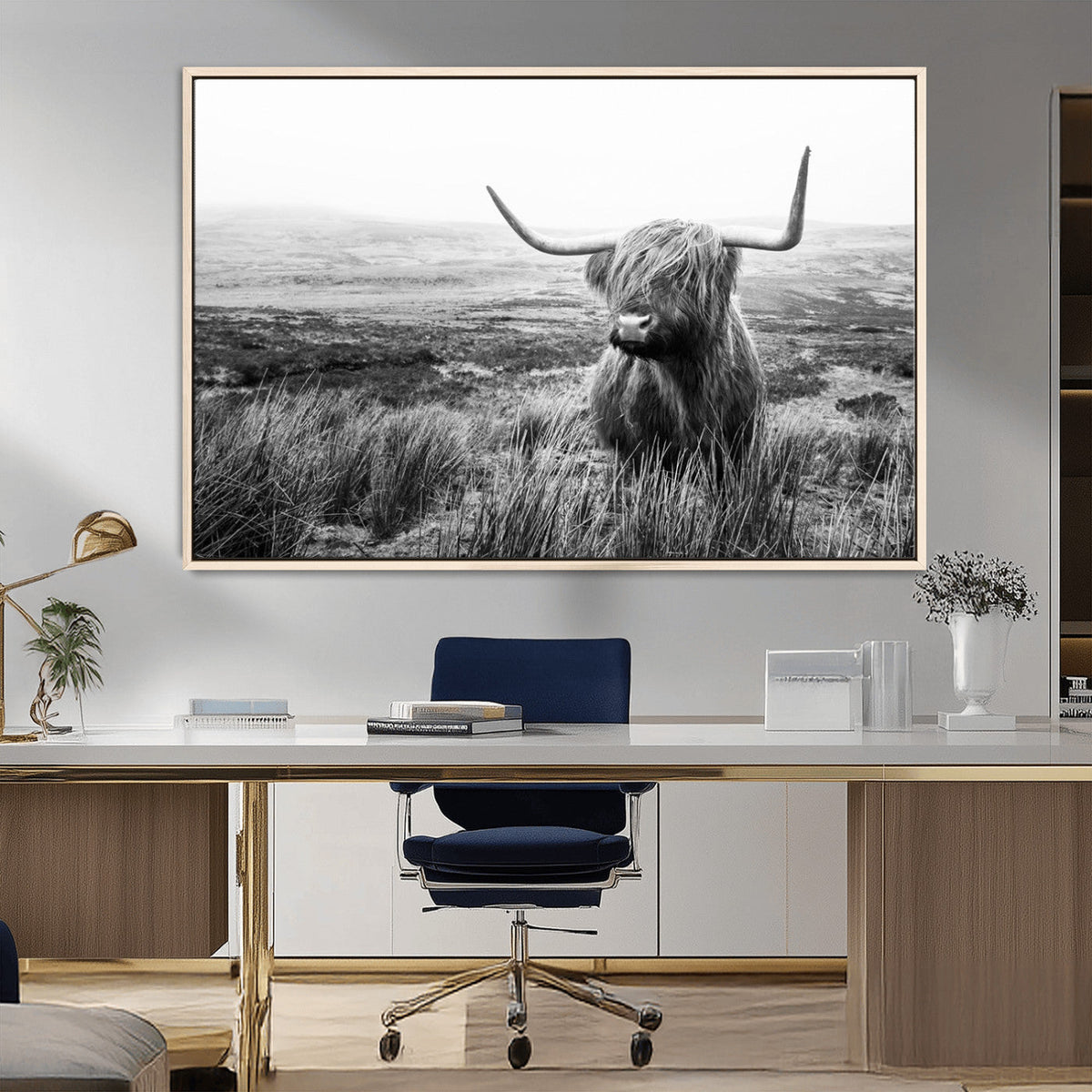 Scottish Highland Cow Wall Art | Black and White Canvas