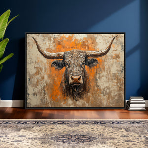 Abstract Cow Longhorn Bull Wall Art Canvas Print - Rustic