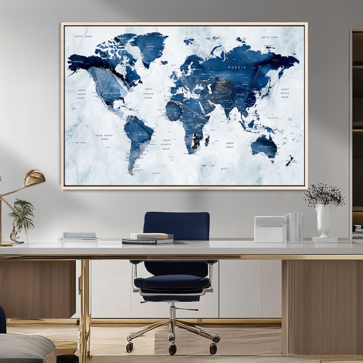 Modern Blue World Map Canvas Print – Framed Wall Art,
