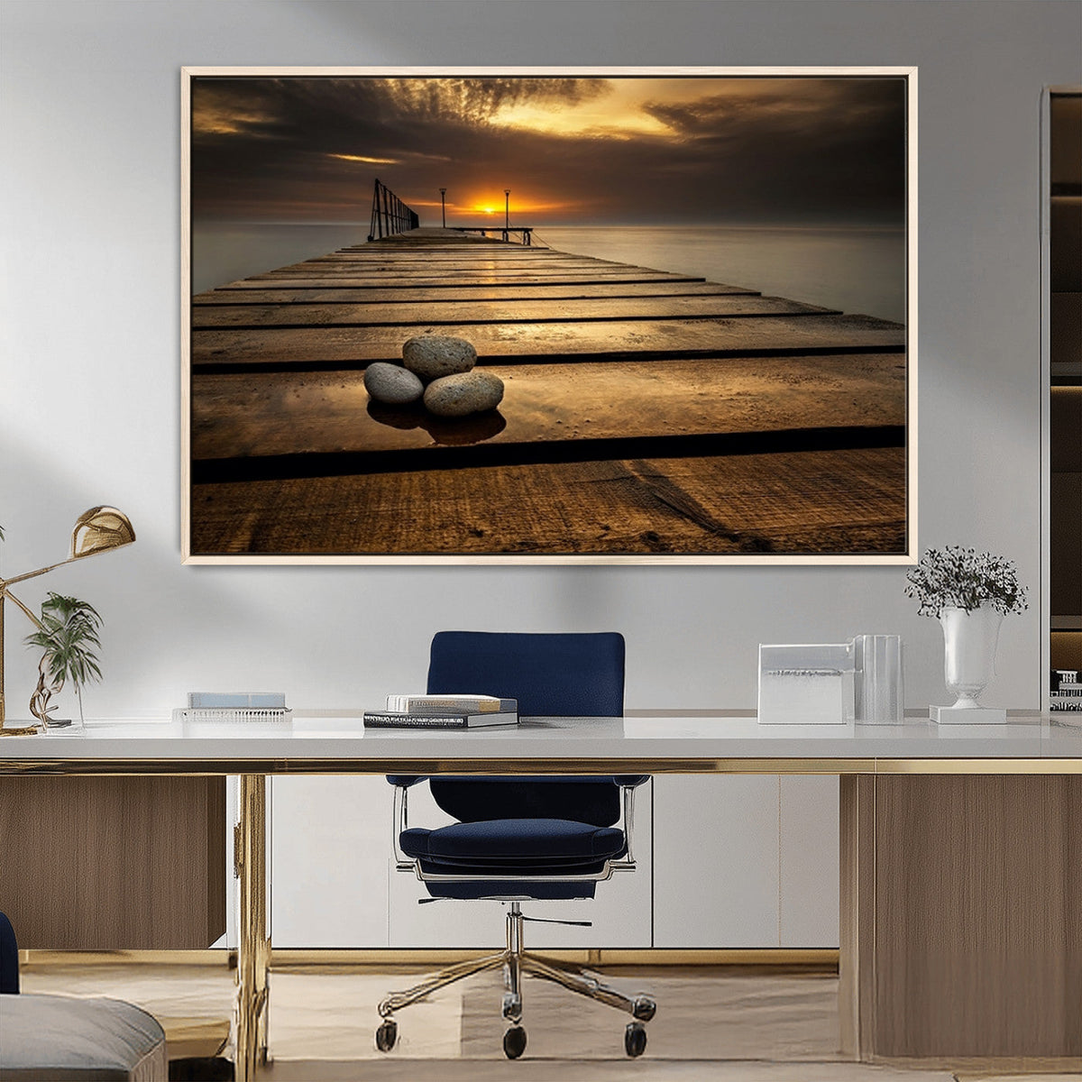 Stones on Wooden Pier at Sunset Canvas Print, Serene Coastal