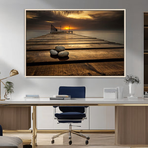 Stones on Wooden Pier at Sunset Canvas Print, Serene Coastal