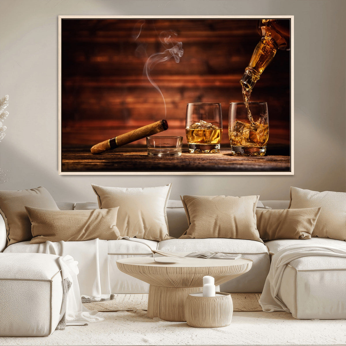 Whiskey and Cigar Wall Art Canvas | 3 Panel Bar Room Decor