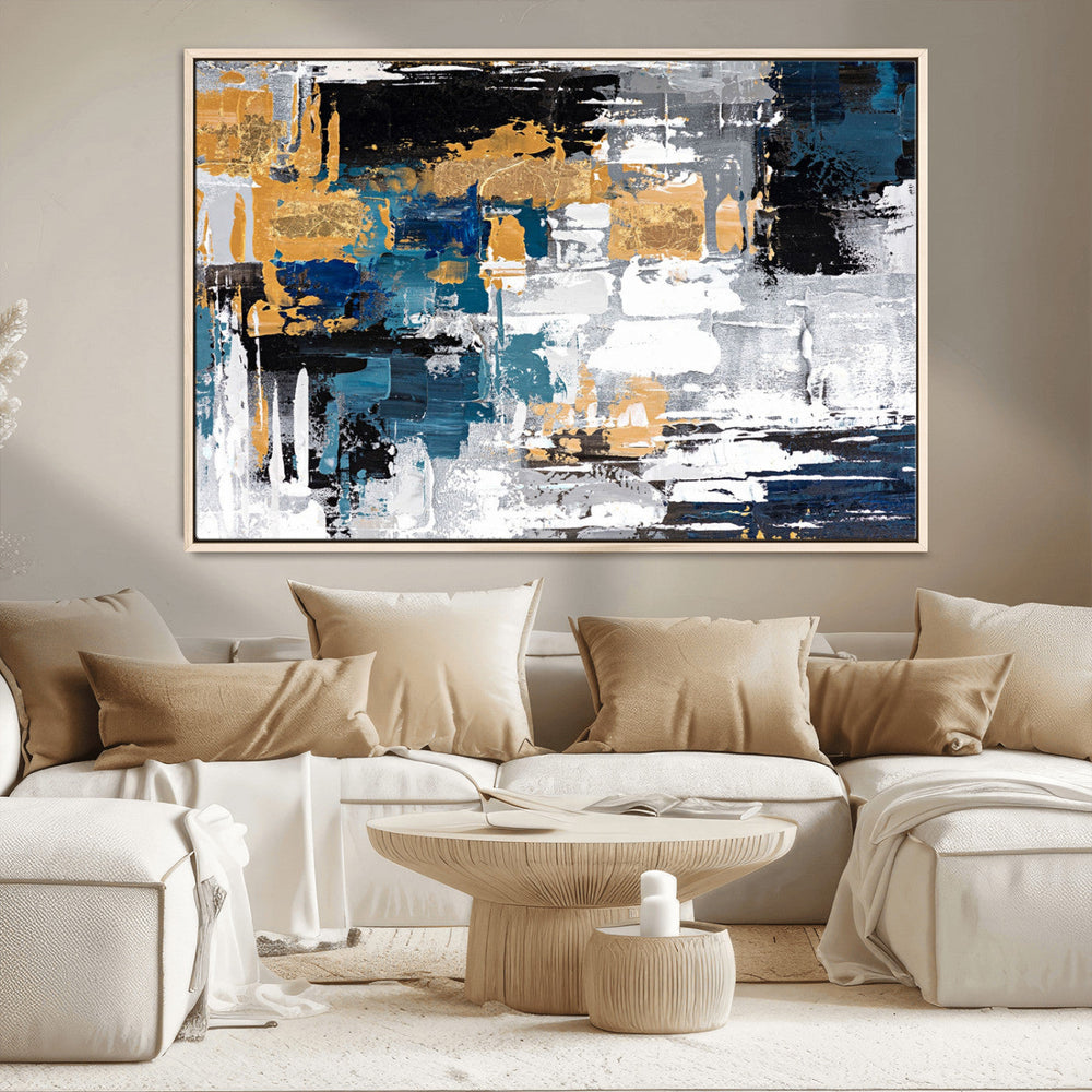 Blue and Gold Abstract Canvas Wall Art – Triptych Modern