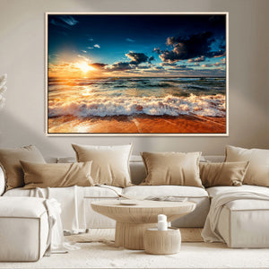 Golden Hour Sunset Over Ocean Waves Wall Art Canvas Print |