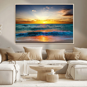 Vibrant Ocean Sunrise Over Golden Beach Waves, Giclee Canvas
