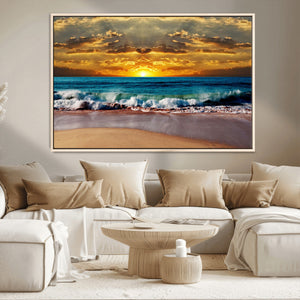 Ocean Sunrise Over Golden Beach Waves, Giclee Canvas Wall