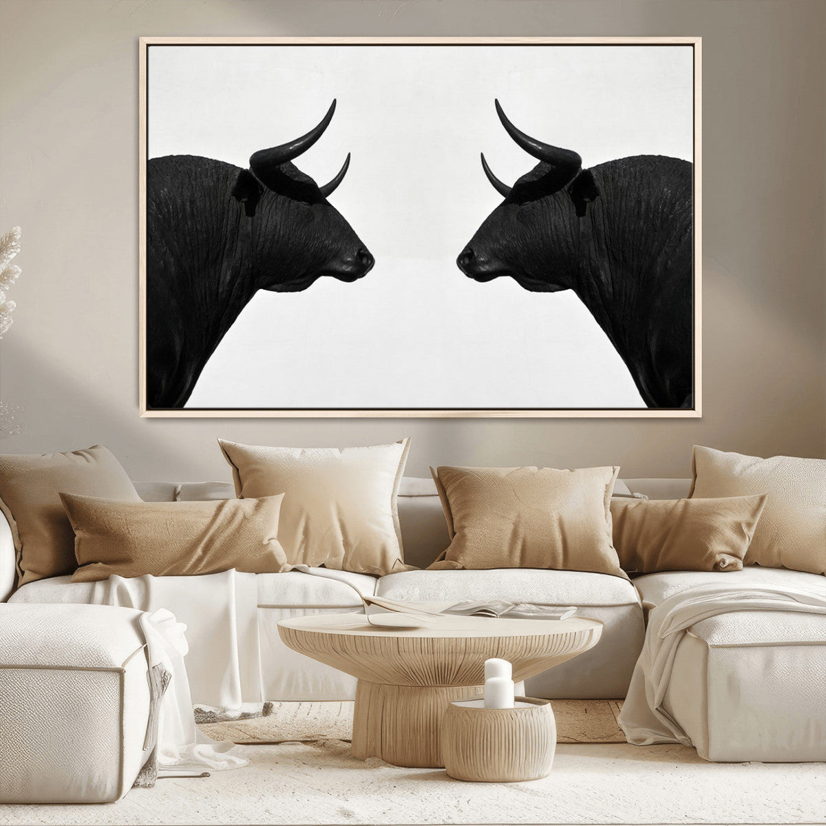 Spanish Bull Art - Framed Black and White Bull Canvas Print