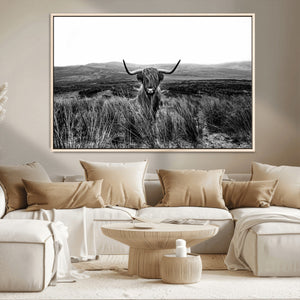 Black and White Highland Cow Canvas Wall Art, Longhorn