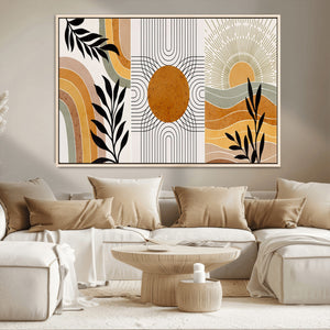 Modern Boho Sun and Leaf Abstract Art – 3-Panel Giclée