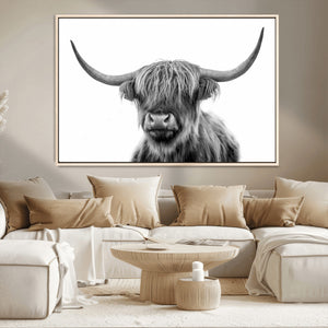 Grayscale Scottish Highland Cow Cattle Art Print Farmhouse