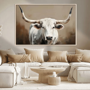 White Longhorn Bull Wall Art Canvas Print – Framed and Ready