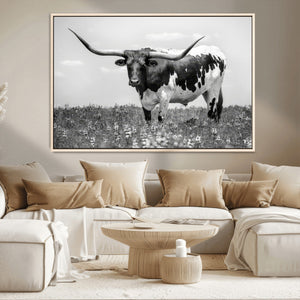 Texas Black White Highland Longhorn Cow Wall Art Canvas