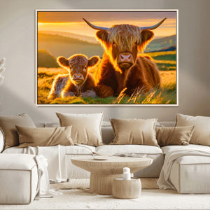 Scottish Cow and Baby Cow Canvas Wall Art Animal Print