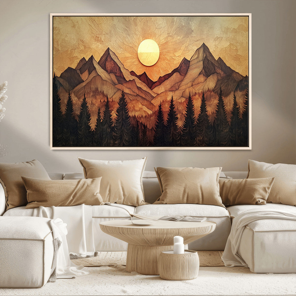 Wood Style Abstract Mountain Sunset Canvas Wall Art Print -