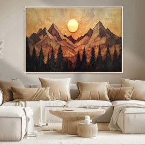 Wood Style Abstract Mountain Sunset Canvas Wall Art Print -