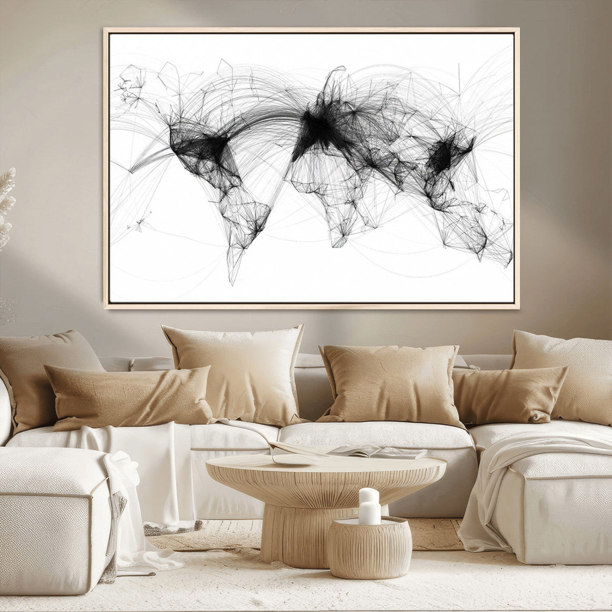 Abstract World Map Wall Art – Framed Geometric Line Canvas