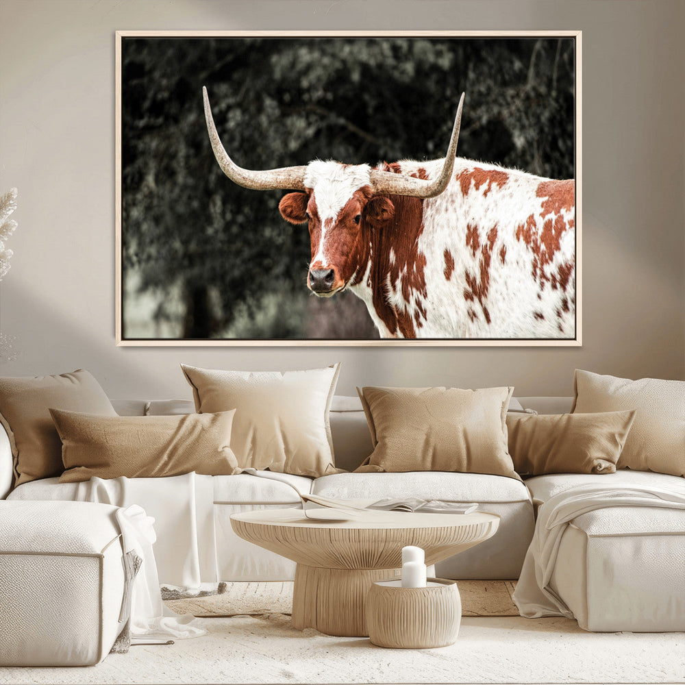 Texas Longhorn Wall Art Canvas Print – Framed Spotted Bull