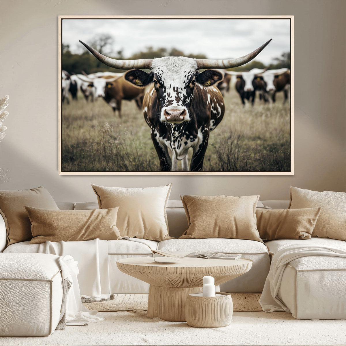 Texas Longhorn Wall Art – Framed Speckled Cow Canvas