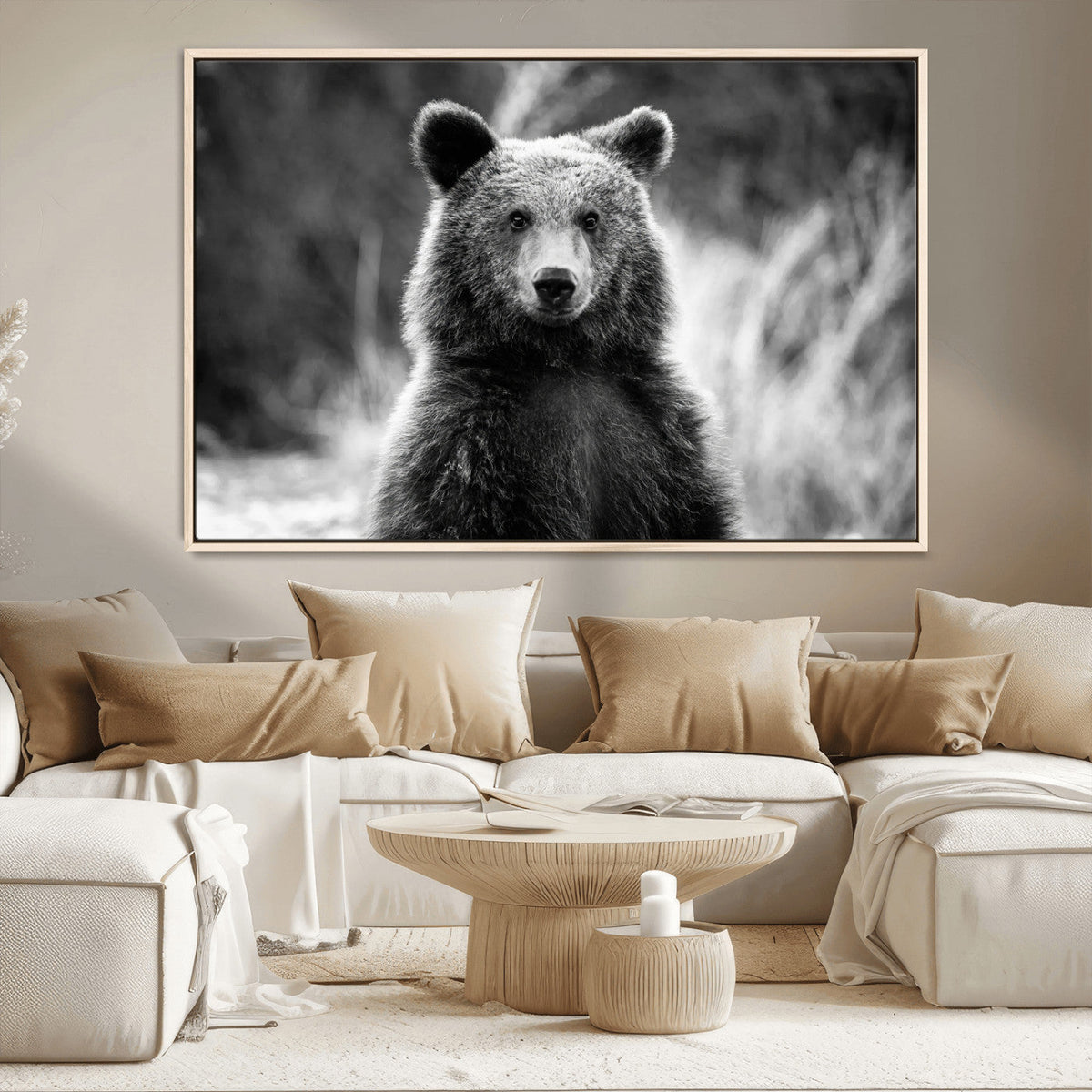 Grizzly Bear Wall Art Canvas Print – Framed Black White