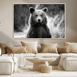 Grizzly Bear Wall Art Canvas Print – Framed Black White