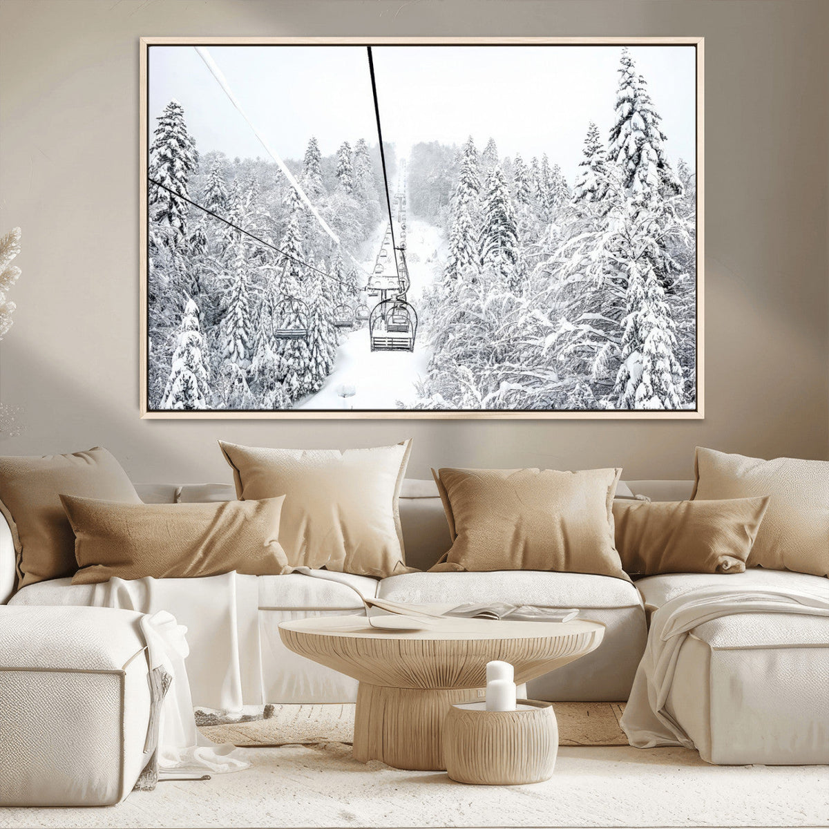 Snowy Ski Lift Wall Art – Framed Winter Mountain Canvas