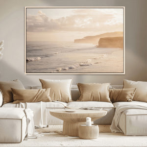 Misty Coastal Wall Art Canvas Print – Framed Golden Sunset