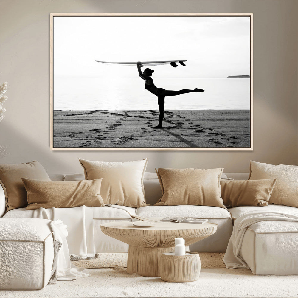 Yoga Surf Wall Art Canvas Print – Framed Black White Shore