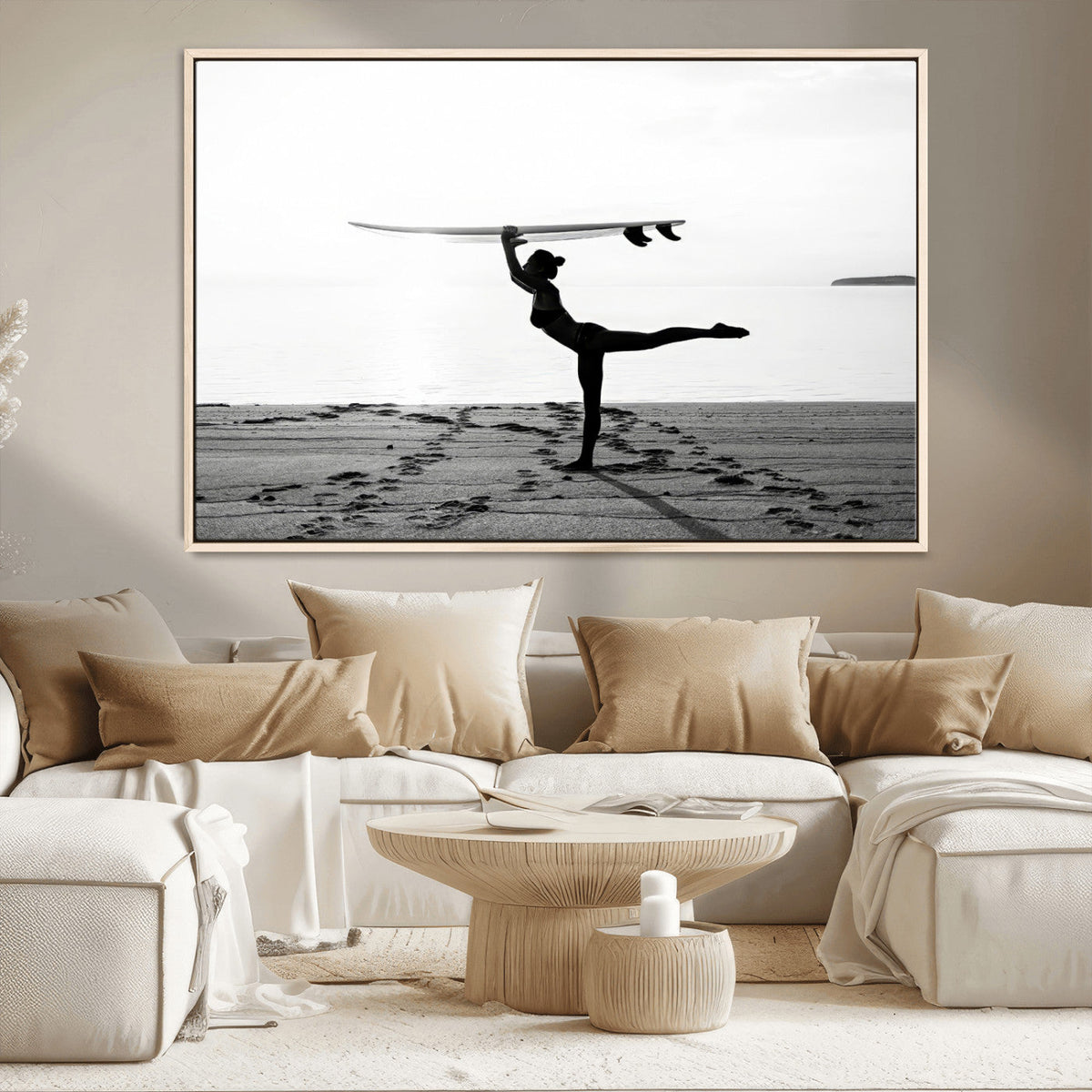 Yoga Surf Wall Art Canvas Print – Framed Black White Shore