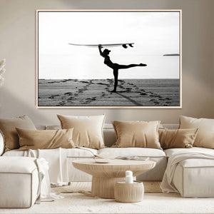 Yoga Surf Wall Art Canvas Print – Framed Black White Shore