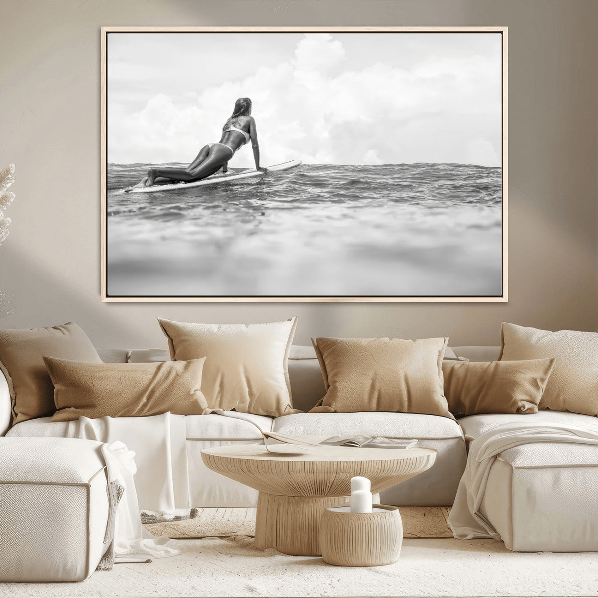 Black and White Surfing Wall Art Canvas Print – Framed Ocean