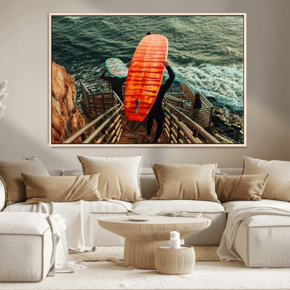 Surfer Stairway Wall Art – Framed Ocean Surf Canvas Artwork,