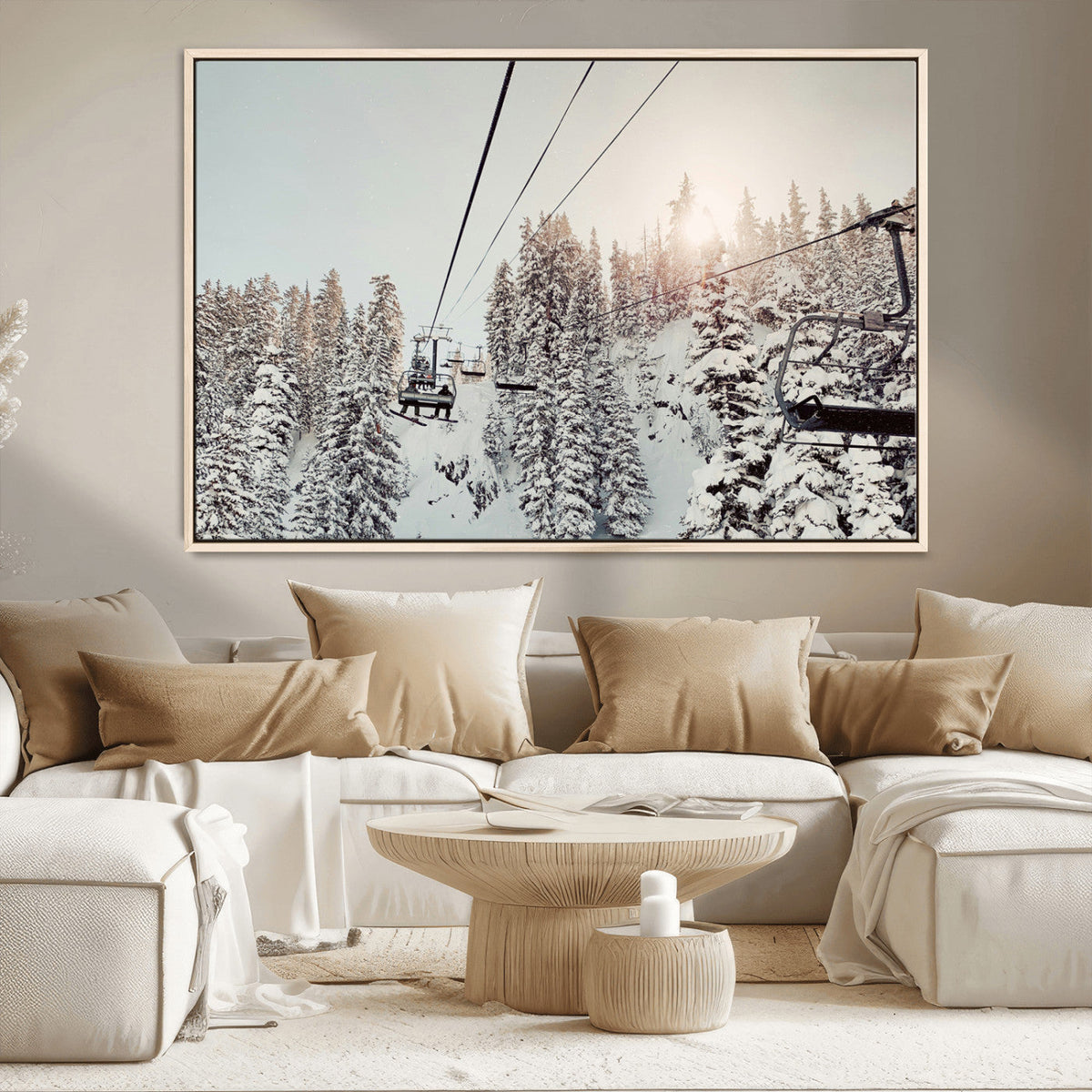 Frosty Pines Wall Art Canvas Print – Framed Cozy Cabin Ski